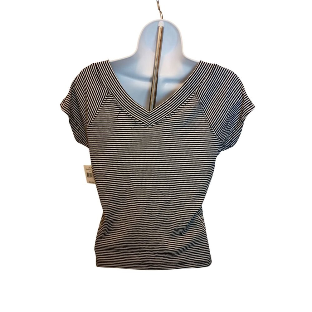 Ultra Flirt Double V-Neck Top Black/White Stripes Shirt Women's Sz. L - Picture 4 of 6